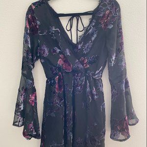 black floral velvet bell-sleeve dress
